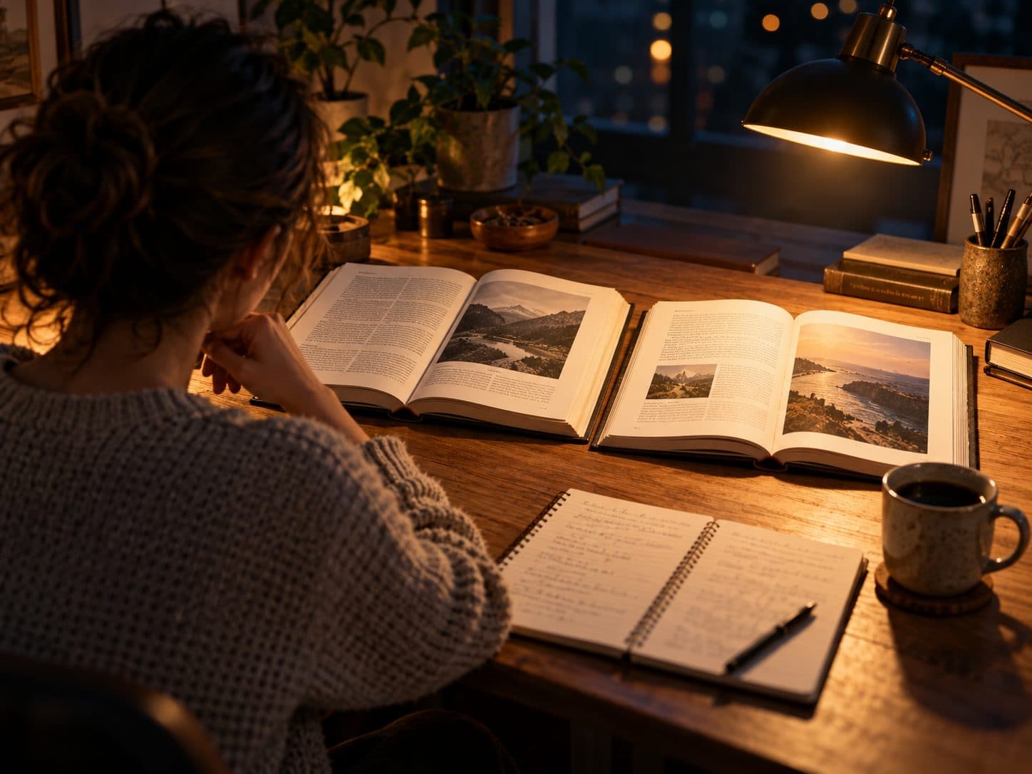 Una persona compara dos libros abiertos bajo una lámpara